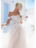 Off Shoulder Beaded Ivory Lace Tulle Wedding Dress